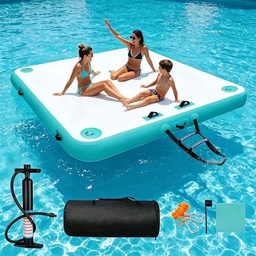 Muelle Flotante Inflable Plataforma de Muelle Inflable con Escalera Desmontable, Bomba y Bolsa de Transporte, Isla Flotante Colchoneta para Piscina, Playa, Lago, Océano (200x150x15cm)