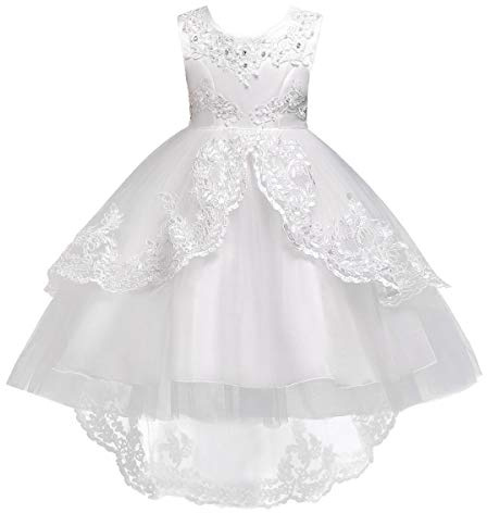 Flower Girls Vintage High-Low Tulle Lace Beaded Rhinestone Wedding Bridesmaid Dress Formal Princess Pageant Birthday Party Special Occasion Retro Dance Evening Tutu Ball Gowns White 3-4 Years