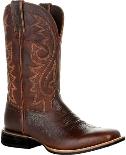 KKPW Bottes de cowboy larges classiques vintage mi-mollet, bottes western brodées à bout pointu et talon bloc (taille : 45 EU, couleur : marron)