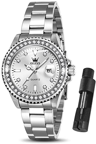 OLEVS Womens Watch Silver Women's Watches Small Wrist Ladies Diamond Classic Stainless Steel Dress Female Watches for Women's Analog Quartz Waterproof Date Wristwatch Luminous Reloj para Mujer