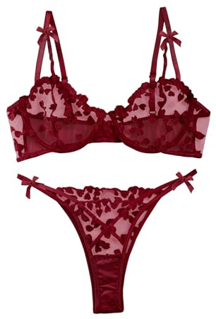 Lilosy Sexy Cute Underwire Push Up Strappy Heart Embroidered Mesh Sheer Lingerie Set for Women Bachelorette See Through Bra and Panty 2 Piece Bow Burgundy Red Small