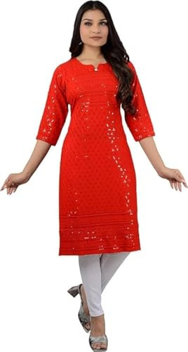 QUEEN SHIELD Chikankari Kurta da donna in rayon ricamato Kurti, Carota, S