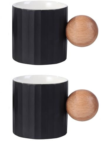 Fire Kirin Set di 2 tazze da caffè in ceramica, mini espresso, da 59 ml, con manico in legno, per tè o caffè (2, nero)