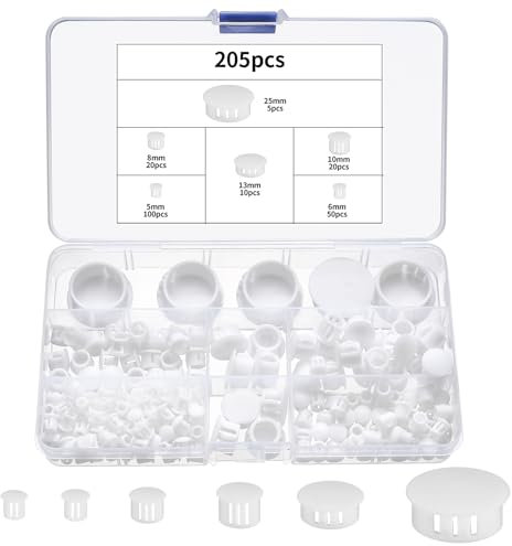 205 STK Bohrloch Abdeckkappen, weiße Kunststoff Lochstopfen, Möbel Blindstopfen Abdeckstopfen Kunststoff Plattenlochstopfen, Rohrabdeckung Lochabdeckung Stopfen, 5mm/6mm/8mm/10mm/13mm/25mm