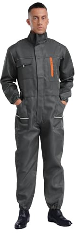 Loodgao Salopette De Travail Homme À Manches Longues Combinaison Intégrale Jumpsuit De Travail Avec Fermeture Éclair Combinaison Protection Atelier Vêtements Gris XL