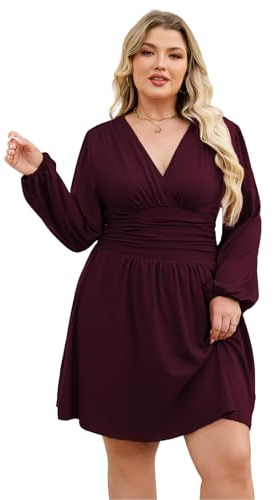 LIAMERHE Vestido Manga Larga Mujer Talla Grande Casual Invierno Vestidos Cuello en V Elegante Vestido Largo hasta la Rodilla Vestido Fucsia XXL