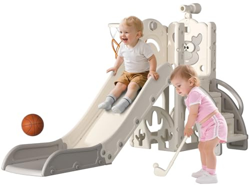 BIERUM Toddler Slide for Kids,6-in-1 Indoor Outdoor Toddler Slides Playground with Basketball Hoop, Golf Game & Telescope, L-Shaped Baby Slide Climber Playset, Cream&Gray