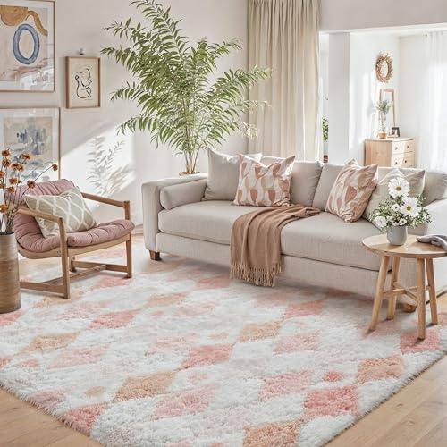 HUGEAR Flauschig Teppich Wohnzimmer 140x200 Teppiche Rosa Weiß Shaggy rutschfest Rautenmuster Carpet Kinderzimmer MäDchen Junge Schlafzimmer Hochflor Weich