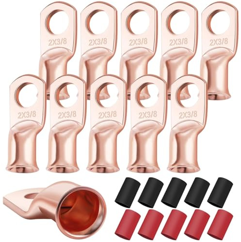 Zodazoqa 10PCS 2 AWG-3/8 Heavy Duty Battery Lugs with 3:1 Heat Shrink Tubing, Ring Terminals Battery Cable Ends Copper Eyelets Electrical Battery Connectors