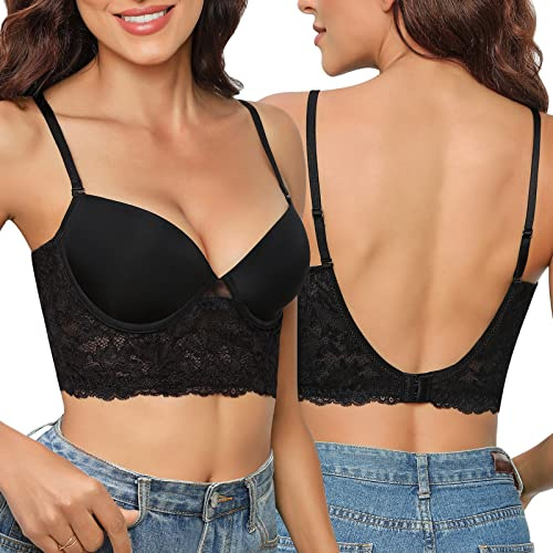 Niwicee Low Back Bra for Women Deep V Shaped Push Up Lace Underwire Bras Multiway Strap Convertible Plunge Backlessr Bra Lifting (36A,Black)