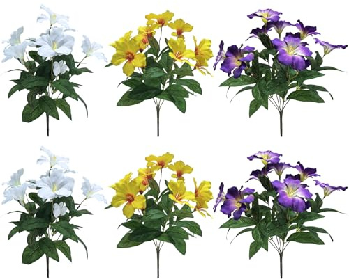 Suncalla 6 Bundles 11 Heads Artificial Azalea Flower Bouquet 14.2 Inches Realistic Faux Flowers Plants for Outdoor and Home Decor for Porch, Patio, Garden, and Window Walkways(Purple, White, Yellow)