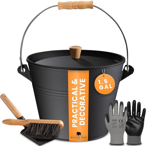 BLACK OAK Ash Bucket Pago 1.5 GAL - Black with lid with Wooden Handle + Brush + Shovel & Gloves - 5L Large Steel Fireproof Galvanized & Powder-Coated Bucket for ash, Coal, pellets, Modern Design