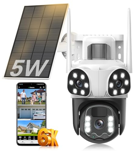 6K Caméra de Surveillance WiFi Extérieure sans Fil,à Triple Objectif Camera Solaire Extérieur avec Panneau,Vision Nocturne,Suivi Automatique,360° PTZ Sécurité à Domicile,Audio Bidirectionnel,8MP
