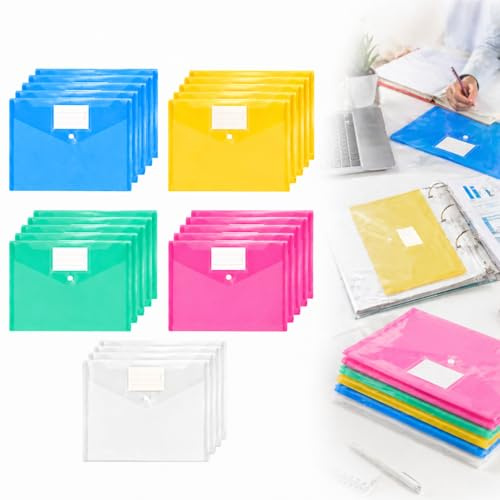 Carpetas Plastico A4 25 PCS, Sobres Plastico A4 de 5 Colores, 11 Agujeros y Cierre a Presión, Carpetas Transparentes con Bolsillos de Etiquetas para una Óptima Organización de Documentos en Oficina