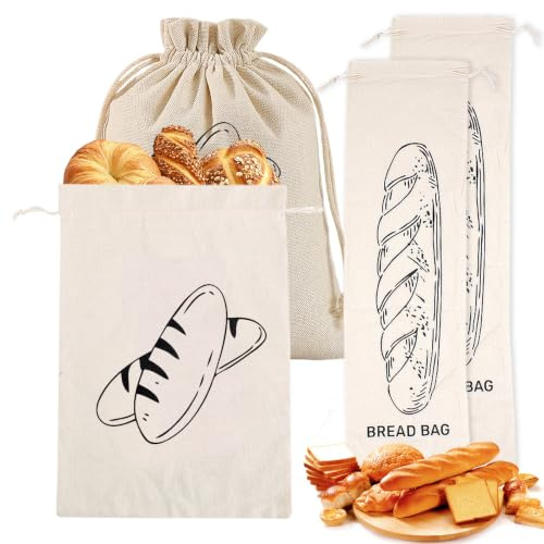 Quorumsg 4 Piezas Bolsa Pan, Reutilizables Bolsas de Pan de Lino, Bolsas de Lino con Cordón, para Casero Pans Recién Horneado, Frutas y Verduras, Granos（40 x 30cm/64 x 16cm）