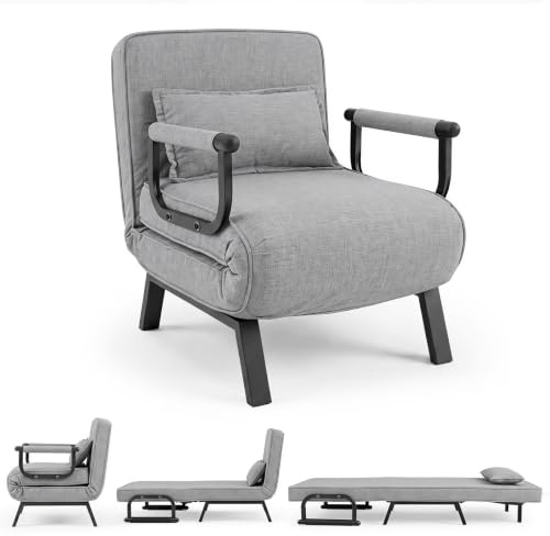 COSTWAY 3 en 1 Fauteuil Lit Convertible 1 Place Pliable (Gris Clair) | Dossier Réglable 5 Positions, Canapé Lit Rembourré Mousse, Oreiller Inclus, Cadre en Métal, Large Assise 80 cm, Accoudoirs