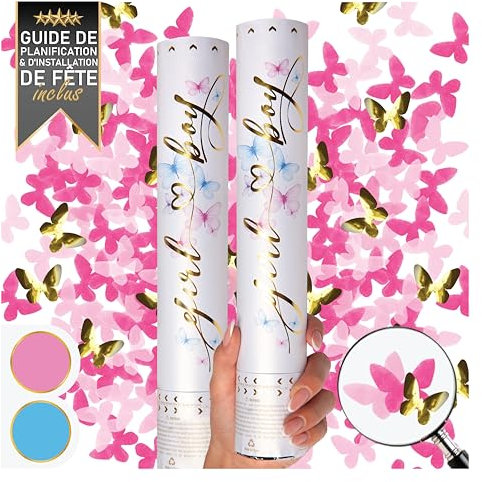 PrimePure Gender Reveal Confetti Cannon - Butterfly Confetti Party Poppers - Pink, Set of 2 - Gender Reveal Cannon Paper Butterflies for Baby Girl Baby Shower Announcement