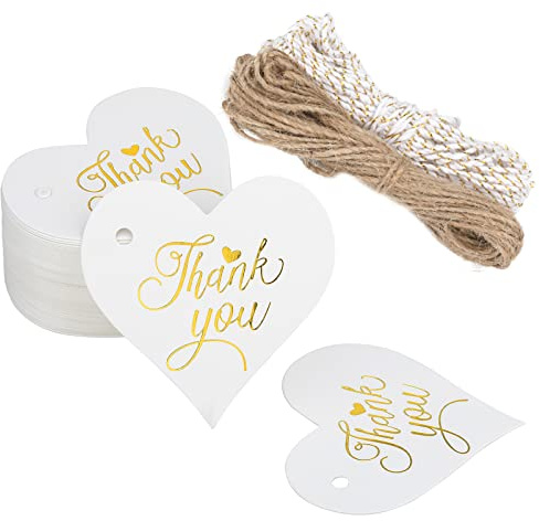 G2PLUS Thank You Gift Tags, 100PCS Heart Thank You Tags, 2.3x2.3 in White Paper Gold Foil Gift Tag with String for Present Wrapping, DIY Arts & Crafts, Valentine's, Mother's Day, Wedding Party Favor