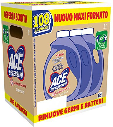 ACE DETERSIVO Classico Igienizzante Tripacco, Cartone da 3 flaconi x 36 lavaggi