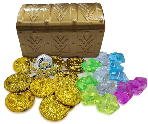HOPELJ Kids Pirate Treasure Chest Toy Box Gold Finish Vintage Pirate Jewelry Box Kids Storage Treasure Chest with (12 Plastic Gold Coins+12Gems+1Rings)