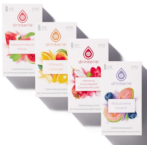drinkerie® Getränkepulver Zuckerfrei (Mix Paket) - 48 x 500ml erfrischender Genuss in 4 fruchtigen Sorten - Wasser Geschmack ohne Zucker - 100% plastikfrei - Instant Getränkepulver mit Vitamin C
