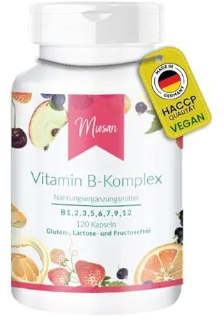 Vitamin B-Komplex - mit B1, B2, B3, B5, B6, B7, B9, B12-120 Kapseln - Hochdosiert - 100% Vegan – Herstellung & Laborprüfung in Deutschland | MIOSAN® CLUB - Exklusives Wohlbefinden