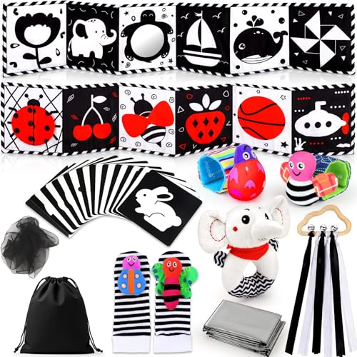 Perbabe Juguetes Bebés, 31 PCS Negro Blanco Libro Bebé Contraste Libros de Tela 0-12 Meses Juguetes Montessori con Negro Y Rojo Libros Blandos, Bebés Muñequera, Tummy Time Toys para Regalo De Bebé