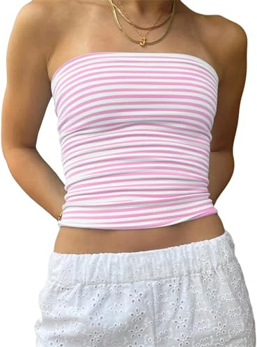 Cioatin Women Strapless Striped Bandeau Tube Tops Y2K Aesthetic Sleeveless Backless Crop Tank Going Out Summer Girls Pink White