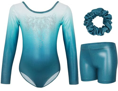 Gogokids Mädchen Dreiteilige Gymnastikanzüge, Langärmliges Gymnastik Set mit Shorts und Haarband, Glitzernde Balletteinheitstrikots - Gymnastik Outfit mit Farbverlaufdesign für 9-10 Jahre