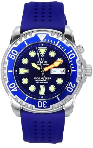 RATIO FreeDiver Helium-Safe Dive Watch Sapphire Crystal Automatic Diver Watch 1000M Water Resistant Diving Watch for Men (Blue)