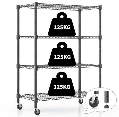 Himimi 4-stufiges Drahtregal mit Rädern und Nivellierfüßen, höhenverstellbar, Metall-Lagerregal für Küche, Badezimmer, Schlafzimmer, Wohnzimmer, 500 kg Kapazität, 90 * 45 * 183 cm, Schwarz