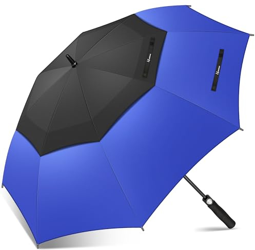 NINEMAX Grand Parapluie Golf, XL Ombrelle Grande Taille Anti Vent Solide Résistant, Parapluies Geant Tempete Incassable pour Homme Femme 2 Personnes (Noir/Bleu Saphir)