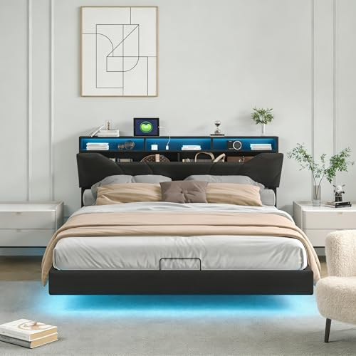 DADEA Letto Sospeso 140x200 con Contenitore, Letto Contenitore 140x200 con LED e USB, Letti Matrimoniali ImbottitiLetto Matrimoniale Contenitore con TestieraLetto Matrimoniale Imbottito
