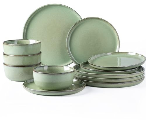GBhome Stoneware Dinner Sets for 4 People, 12 Pieces Handcrafted Embossed Plates and Bowls Set, Scratch Resistant Dinnerware Set, Dishwasher & Microwave Safe Crockery Set, Pastel Green