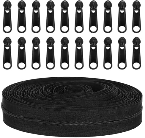 YBEATY Nylon Coil Zippers DIY Sewing Tailor Craft Tape Roll Replacement with 20pcs Zipper Sliders for Bag Luggage Garment Dress Home Sofa Pillow Textile (Black)