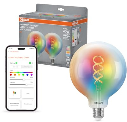 Osram SMART+ RGB Filament Globe Lampe mit Matter over Wifi, Vorteilspack mit 2 Stück, E27-Sockel, 5W, 16 Mio RGB-Farben, warmweiß-tageslichtweiß (2700-6500K), funktioniert mit Alexa, Google und Apple