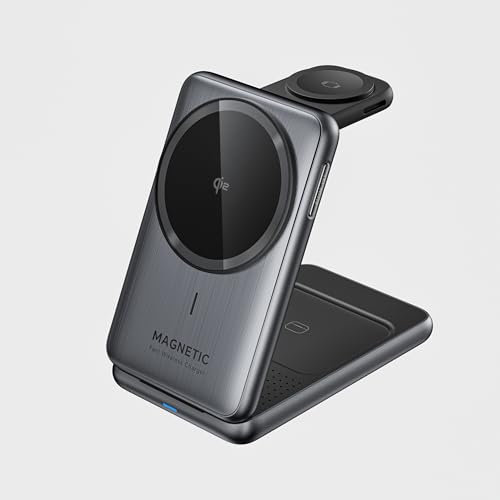 BKXCHA Cargador Inalambrico iPhone 3 en 1, Plegable Estacion de Carga Apple Wireless Charger con mag-Safe, Base Cargador para iPhone 16/15/14/13/12/X, Apple Watch 10/9, para AirPods(con 20W Adapter)