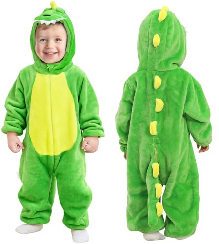 DiULi Dinosauriedräkt för pojkar och flickor, dinosauriedräkt med huva och svans, mjuk flanell, djurdräkt med dragkedja, onesie i ett stycke för karneval halloween