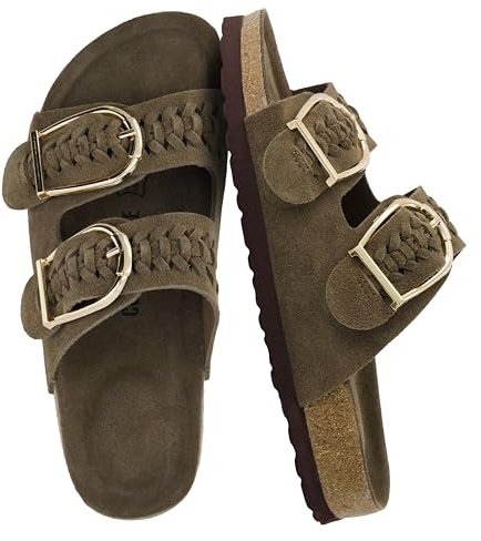 CUSHIONAIRE Cashew Slip On Womens Sandals, Genuine Suede Leather Braided Double Strap Slide On Sandals with Adjustable Big Buckle for Women 2026, Taupe 9