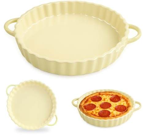 Yunlaishaocer rund tarteform, bakform rund med handtag 26 x 21 x 4 cm, Quichform keramik med vågig kant, non-stick, för beredning av kakor, äggkakor och crème Brûlée (beige)