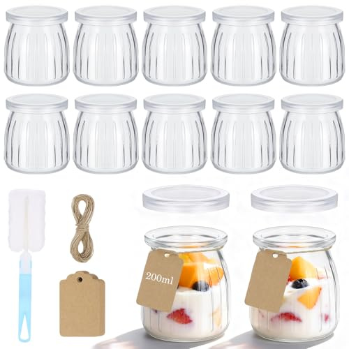 Hejo 12 Piezas Vasos Yogurtera con Tapa, 200ml Tarros de Yogur con Tapa Reutilizables, Frascos de Vidrio Pequeños, Tarros de Cristal Portátiles para Yogur Avena Mermelada de Especias(Raya)