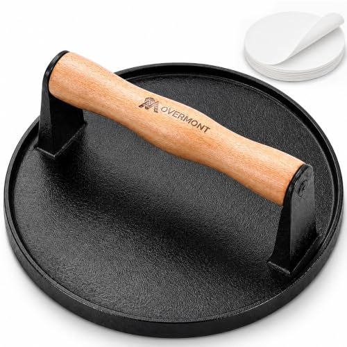 Overmont 7 Round Smash Burger Press - Cast Iron Smasher with Patty Paper | Heavy-Duty Hamburger Bacon Meat Press with Wood Handle Flat Bottom, Pre-Seasoned Heat Resistant for Griddle Grill BBQ