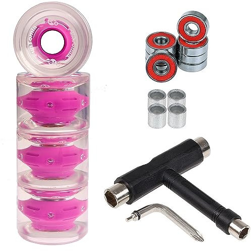 FunTomia 4 Stück (LED) Longboard/Skateboard Rollen (Big Wheels) in 70x51mm 80A inkl. ABEC-9 Kugellager und Metall Spacer 80A Rollenhärte + T-Tool
