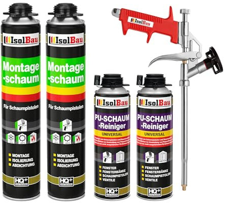 Lot de 2 x 750 ml de mousse de polyuréthane monocomposante de construction/montage pour pistolet - Avec 2 nettoyants et un pistolet à mousse