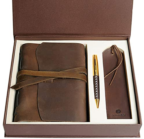 Coffret cadeau journal en cuir fait à la main en cuir antique + stylo, carnet d'écriture rustique avec boîte non lignée, carnet de notes quotidien pour homme et femme, journal de voyage idéal pour