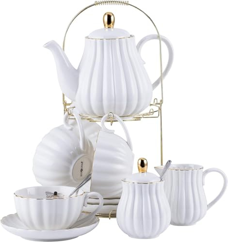 Jusalpha Fine China Pink Coffee Cup/Teacup Set, 8 OZ Cups& Saucer Set for 4, with Teapot-Sugar Bowl-Cream Pitcher Spoons, Tea Strainer and Tea Cup Holder (White, Serve of 4)