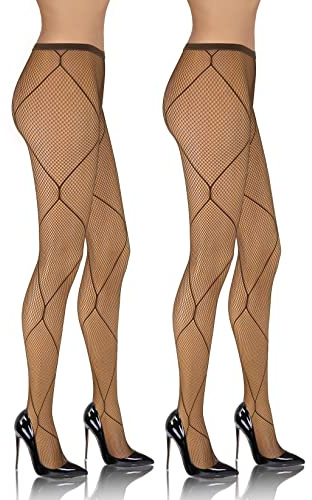 sesto senso 2 par nätstrumpbyxor diamantmönster finmaskiga sexiga nätstrumpor för kvinnor, 2 par Avana – beige, M-L