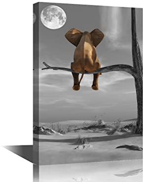 Cute Elephant Sitting on a Branche Painting Canvas Wall Art Print Poster Artwork for Living Room Bedroom Decor Black and White Art Animals Picture Room Wall Decor Framed Reday to Hang 24x36in
