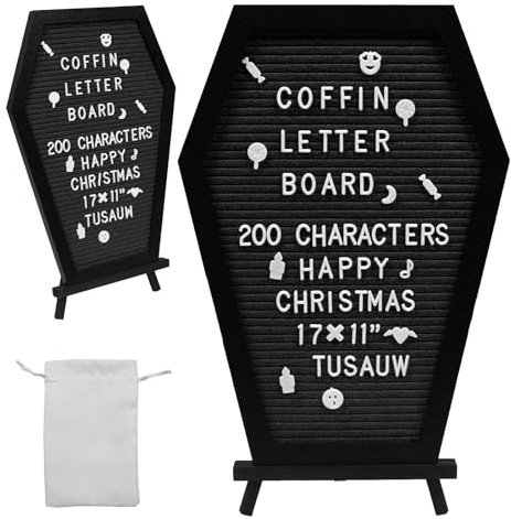 TUSAUW Tablero de letras de ataúd con titular, tablero de mensajes góticos con blanco cambiable caracteres y emojis, Cartelera espeluznante para Tabletop, Creepy Halloween Party Christmas Home Office