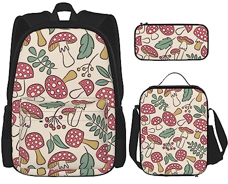 FJAUOQ Rucksack-Set mit niedlichem Pilz- und Blätter-Muster, 3-teilig, Rucksack-Set mit Lunch-Tasche, Federmäppchen, große Kapazität, Bp498, Einheitsgröße, Rucksack Rucksäcke